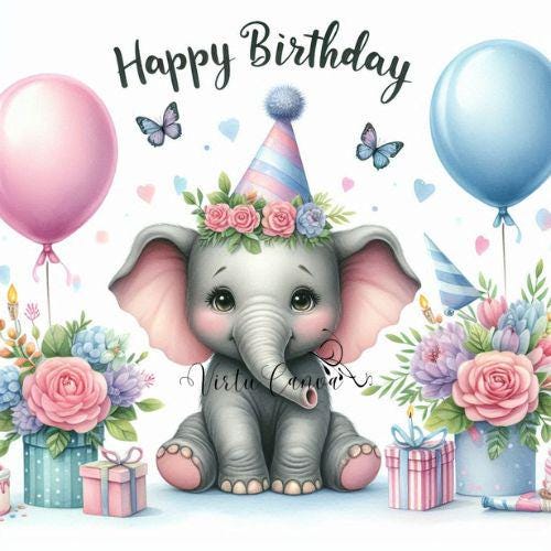 African Animal Happy Birthday Clipart, Watercolour PNG Images (Digital Download)