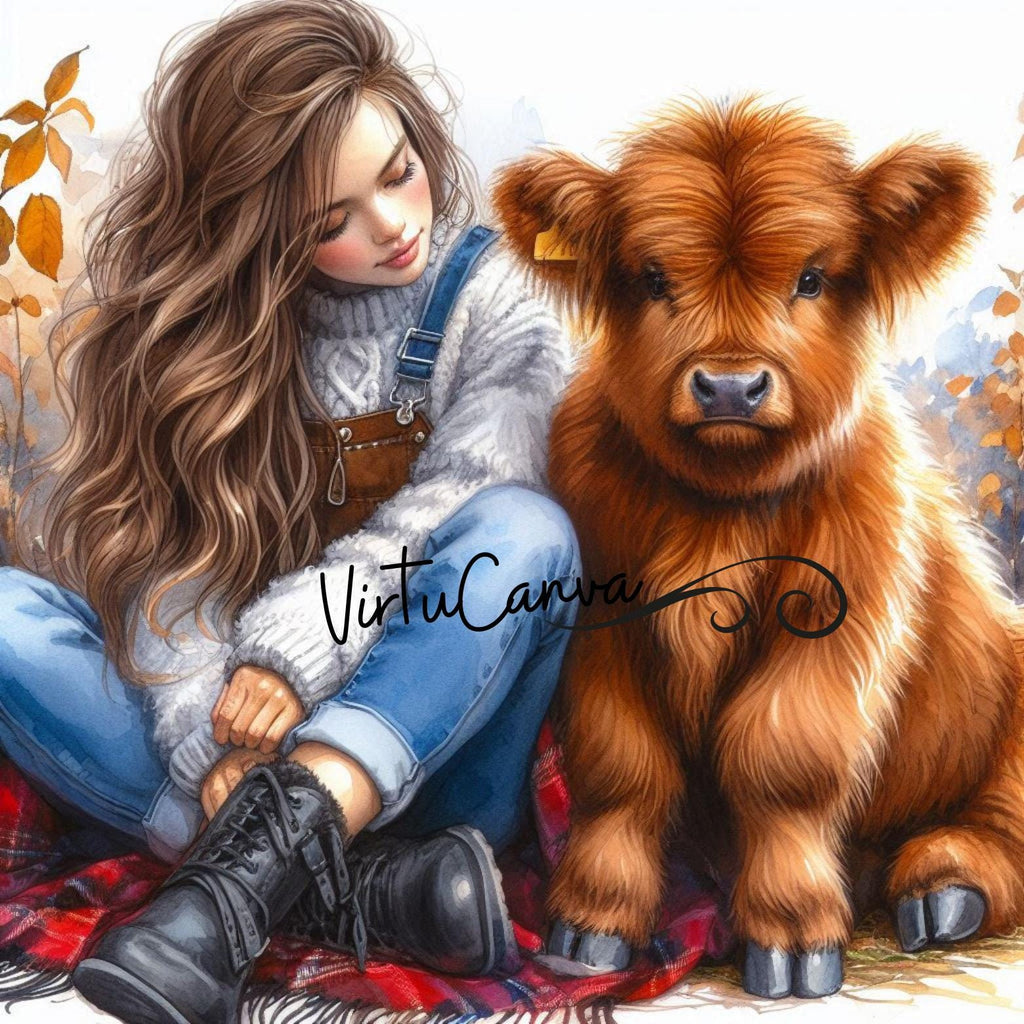 Highland Cow Watercolour Clipart – Girl & Cow | 13 PNG Instant Download