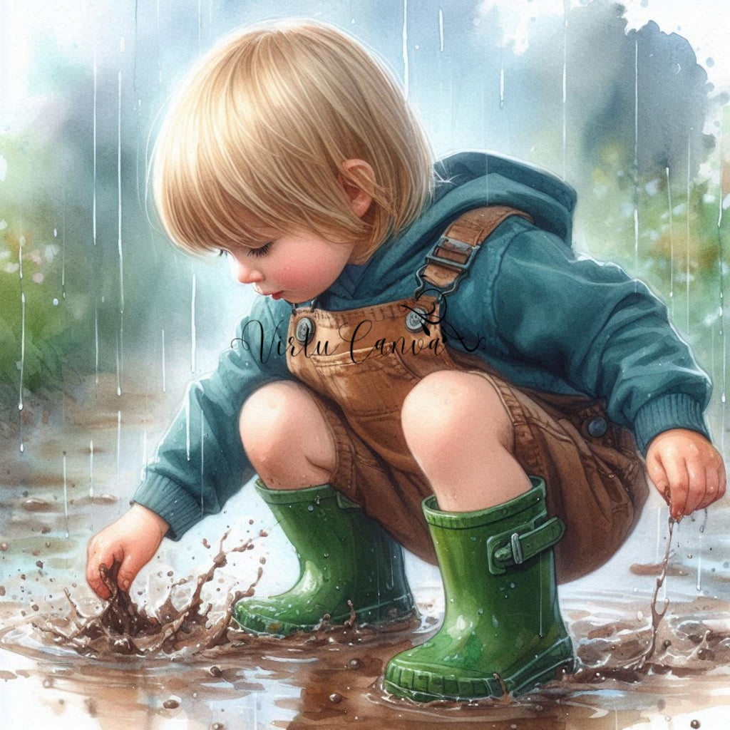 Muddy Puddles Boy PNG Clipart | 10 Rainy Day Digital Images | Instant Download