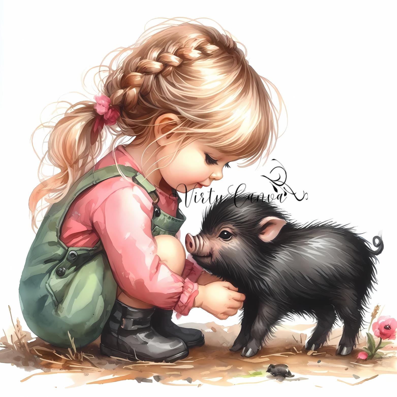 Watercolour Girl & Pig Clipart Bundle – 11 PNG Instant Download