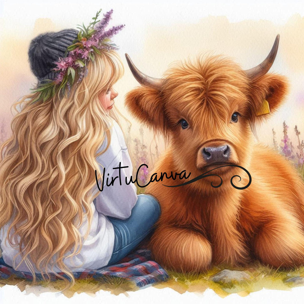 Highland Cow Watercolour Clipart – Girl & Cow | 13 PNG Instant Download