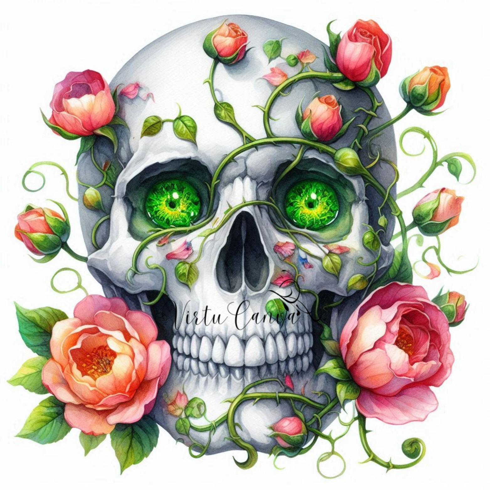 Floral Skull Watercolour Clipart Bundle – 12 PNG Instant Download