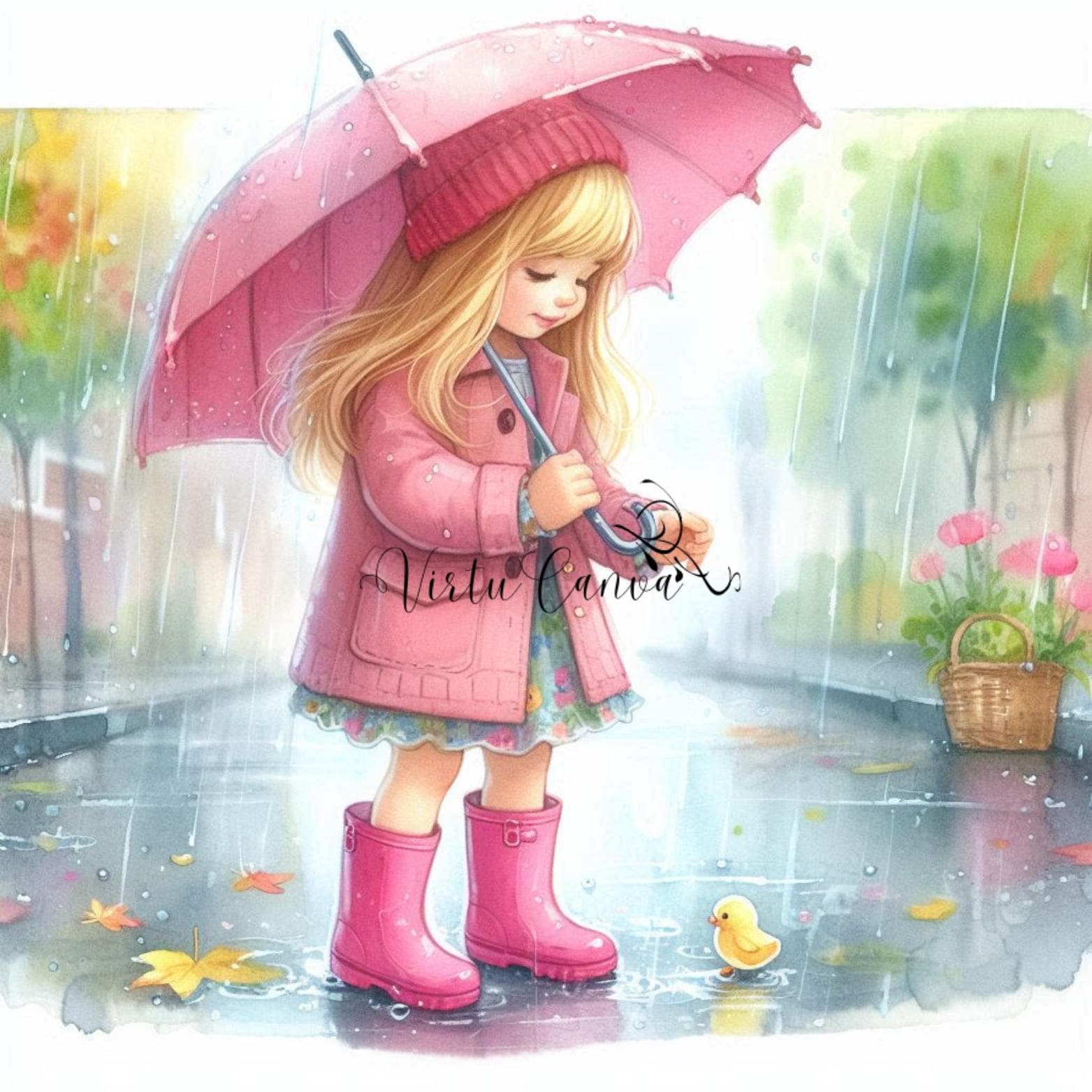 Watercolour Girl in Rain Clipart – Pink Umbrella & Gumboots | 10 PNG Instant Download