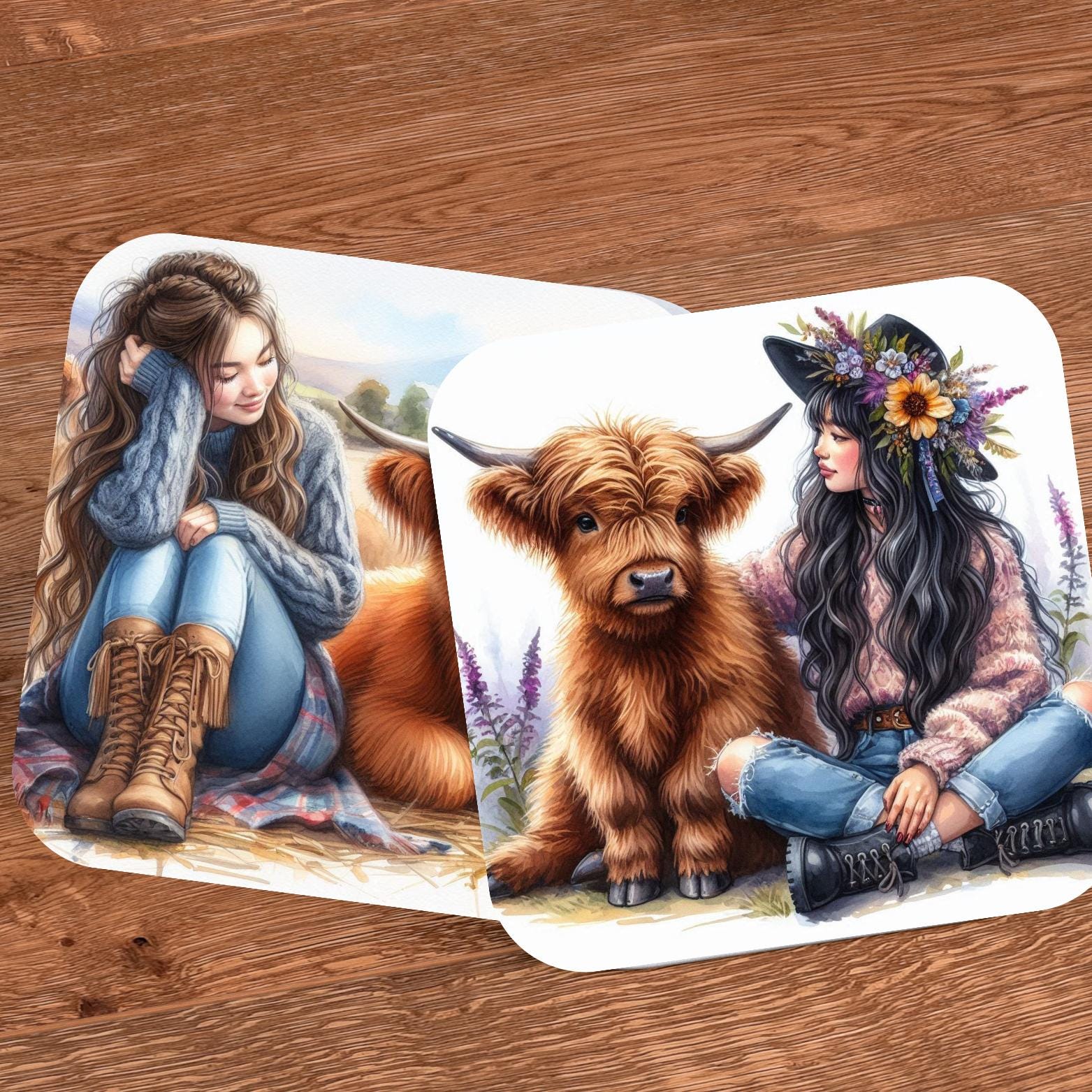 Highland Cow Watercolour Clipart – Girl & Cow | 13 PNG Instant Download