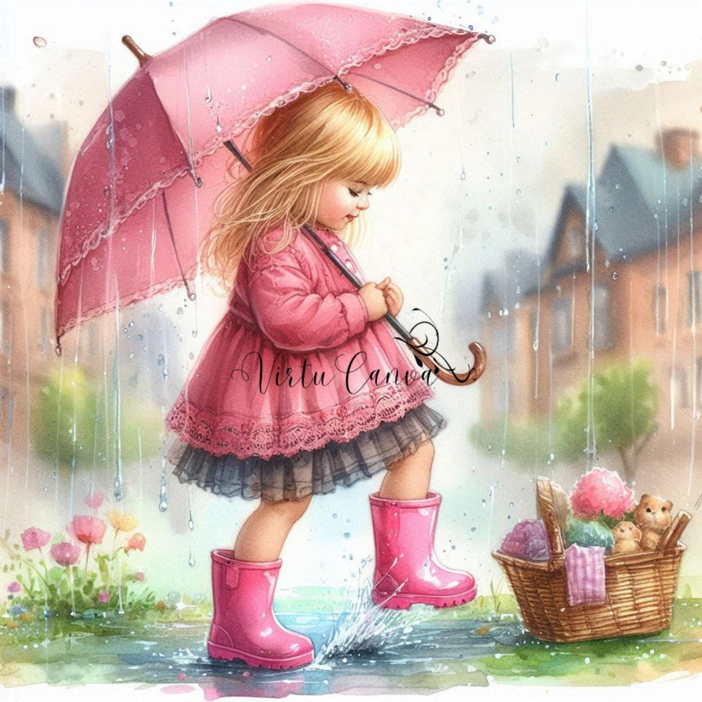 Watercolour Girl in Rain Clipart – Pink Umbrella & Gumboots | 10 PNG Instant Download