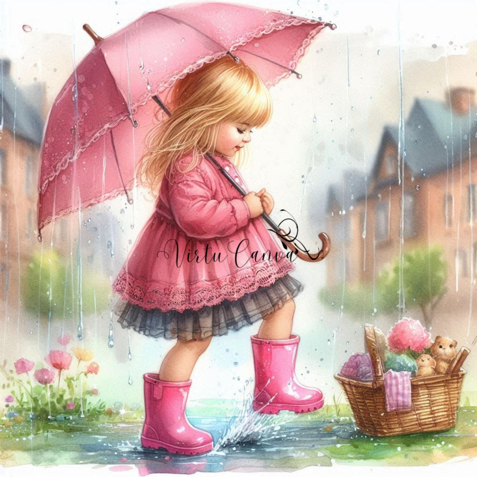 Watercolour Girl in Rain Clipart – Pink Umbrella & Gumboots | 10 PNG Instant Download