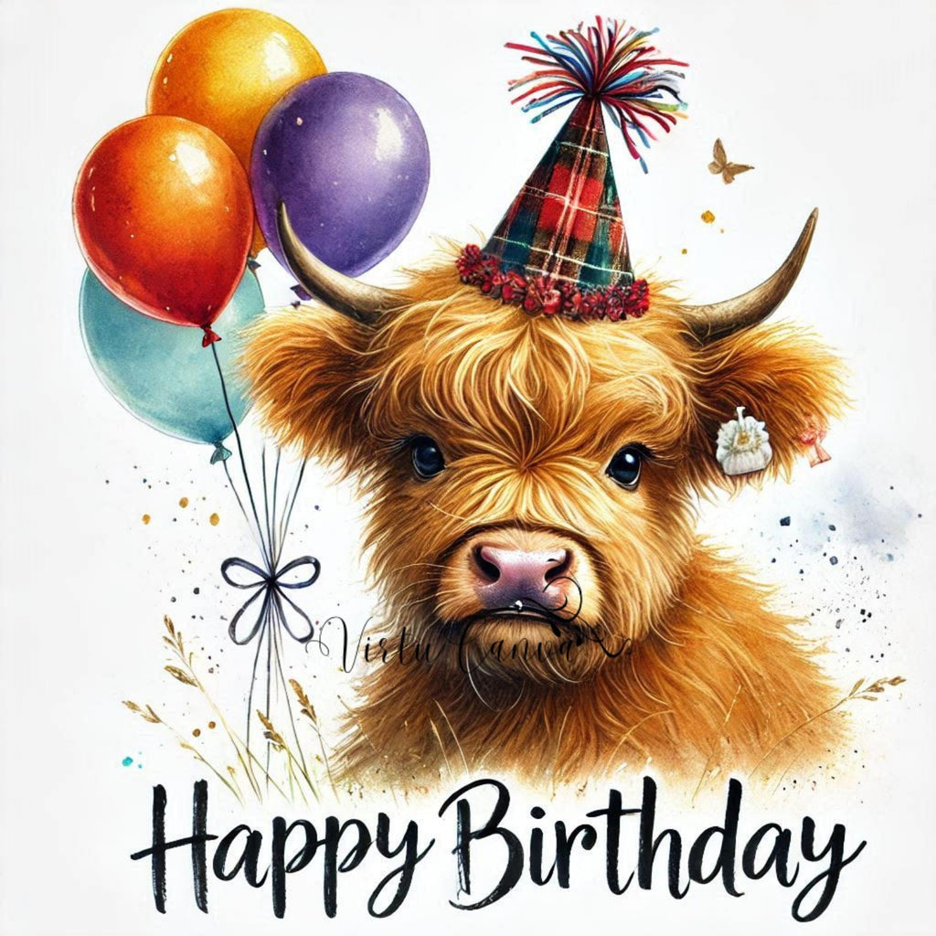 Highland Cow Birthday PNG Clipart, Watercolour Images (Digital Download)
