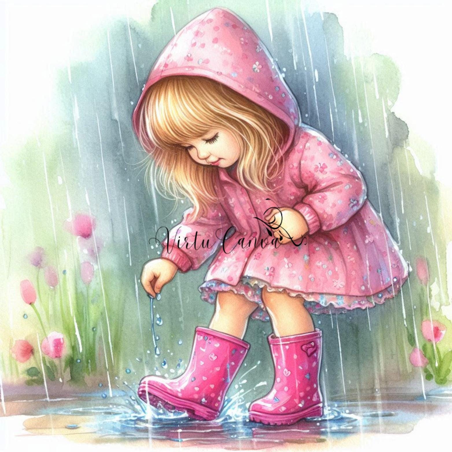 Watercolour Girl in Rain Clipart – Pink Umbrella & Gumboots | 10 PNG Instant Download