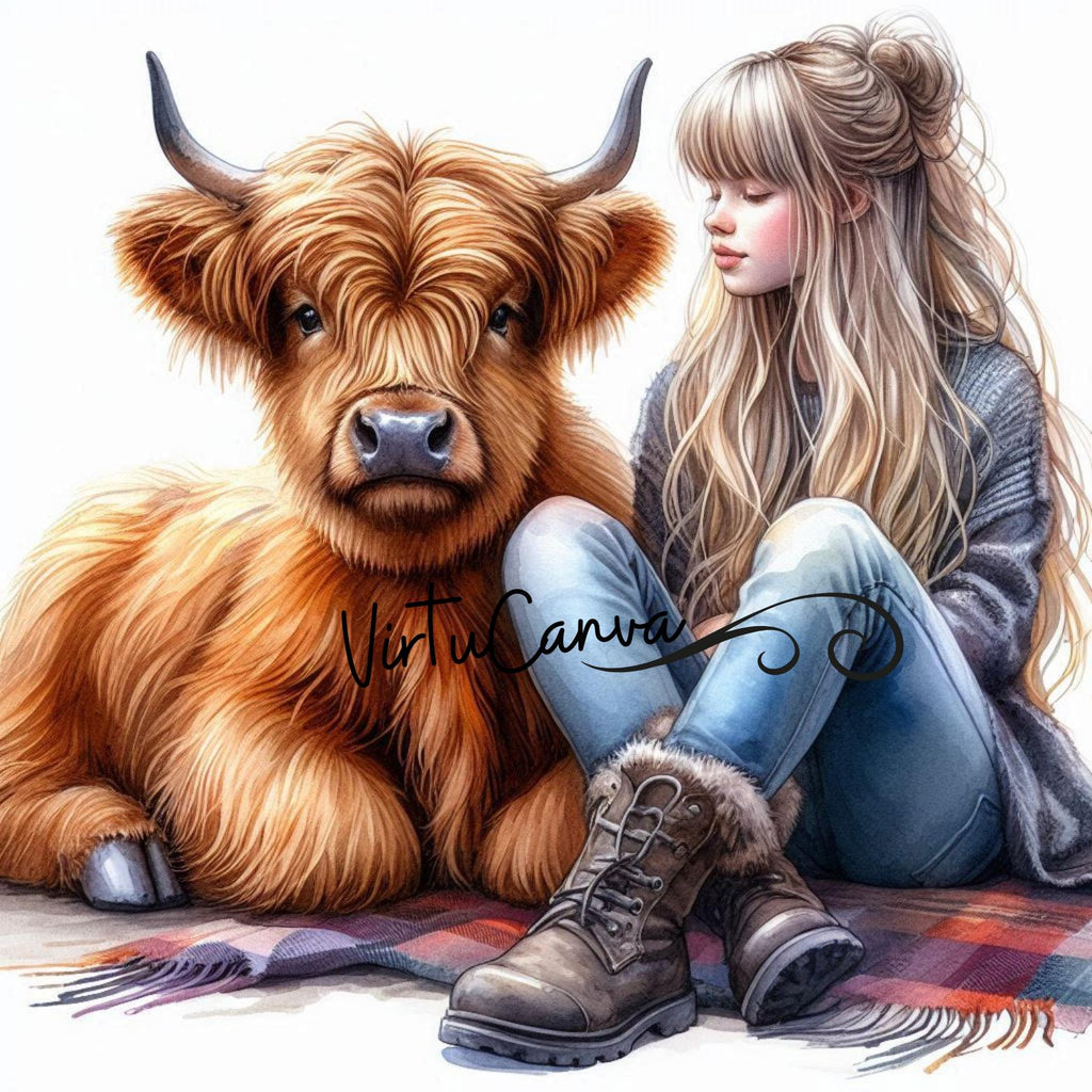Highland Cow Watercolour Clipart – Girl & Cow | 13 PNG Instant Download