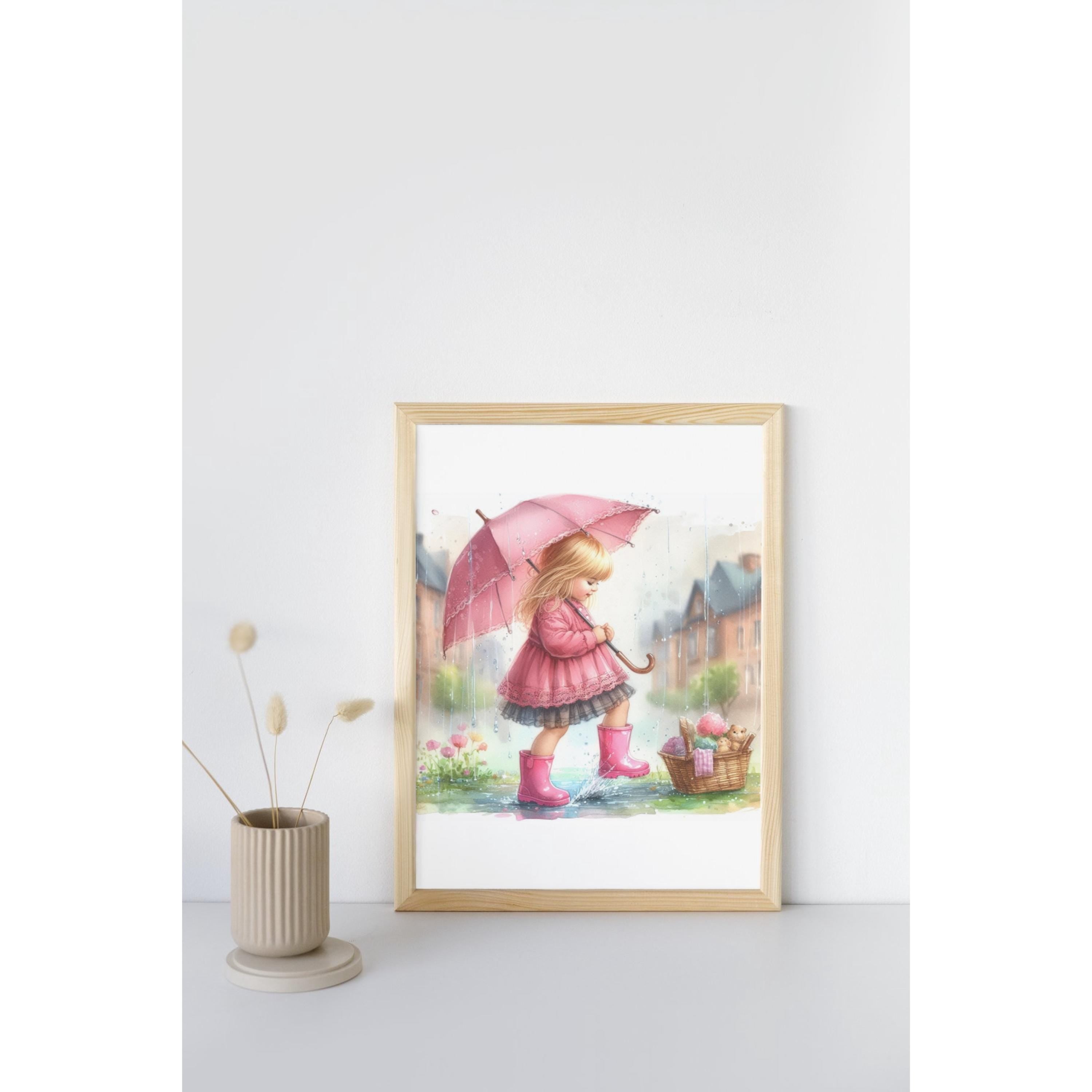 Watercolour Girl in Rain Clipart – Pink Umbrella & Gumboots | 10 PNG Instant Download