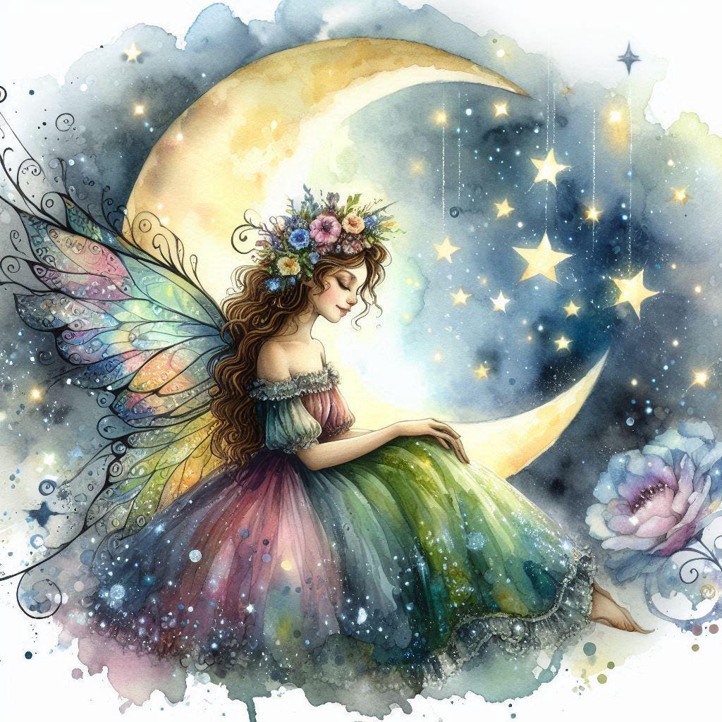 Watercolour Fairy & Moon Clipart Bundle – 9 PNG Instant Download