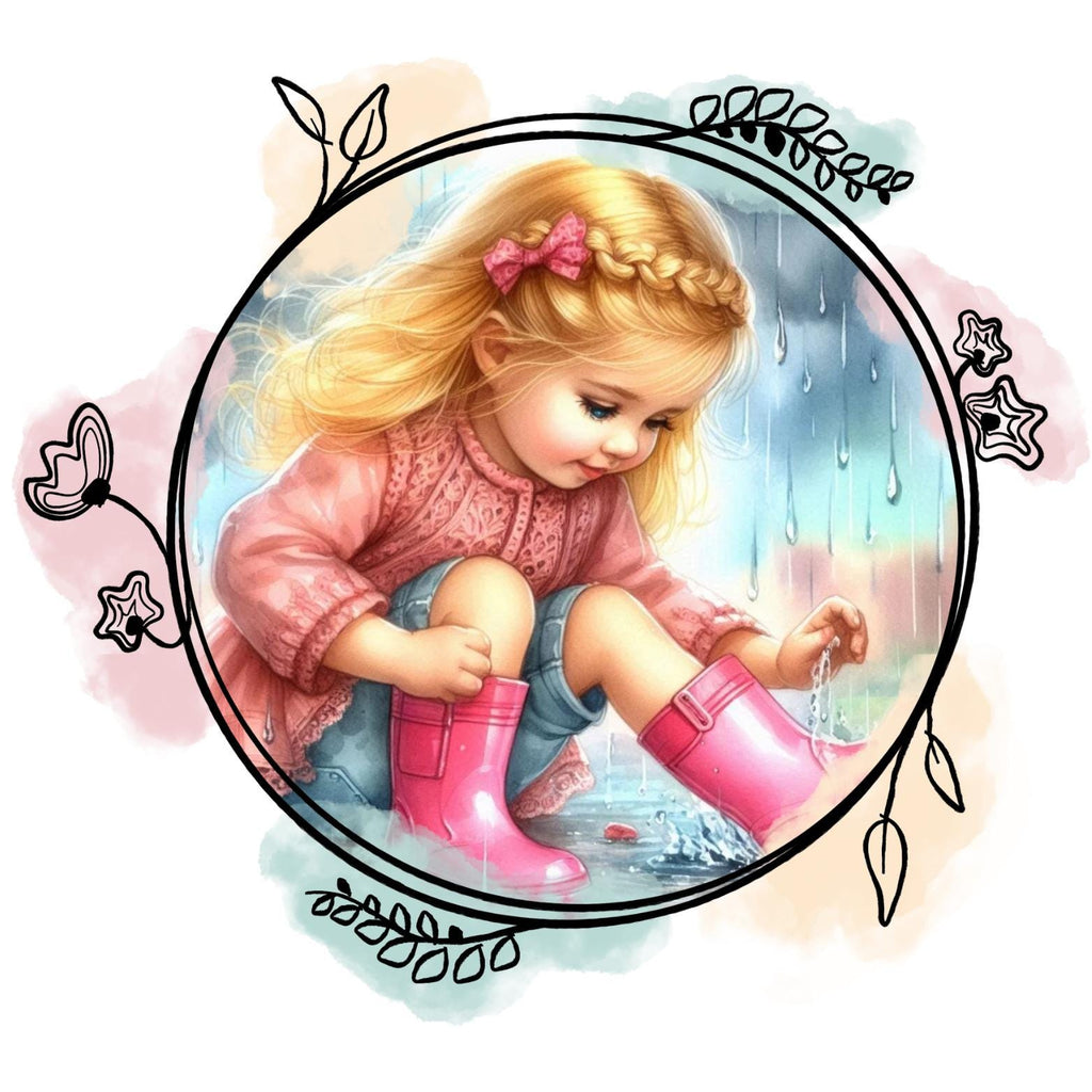 Watercolour Girl in Rain Clipart – Pink Umbrella & Gumboots | 10 PNG Instant Download