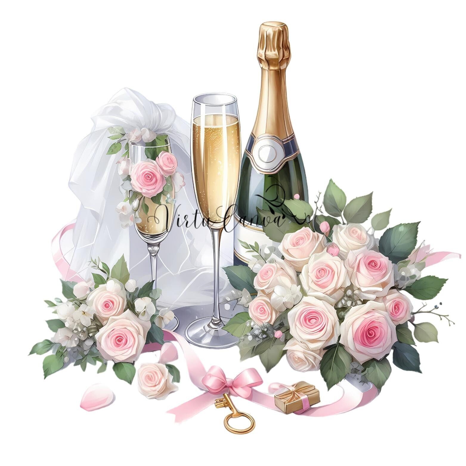 Wedding Clipart Bundle – Floral & Champagne PNG Images | 26 PNG Instant Download
