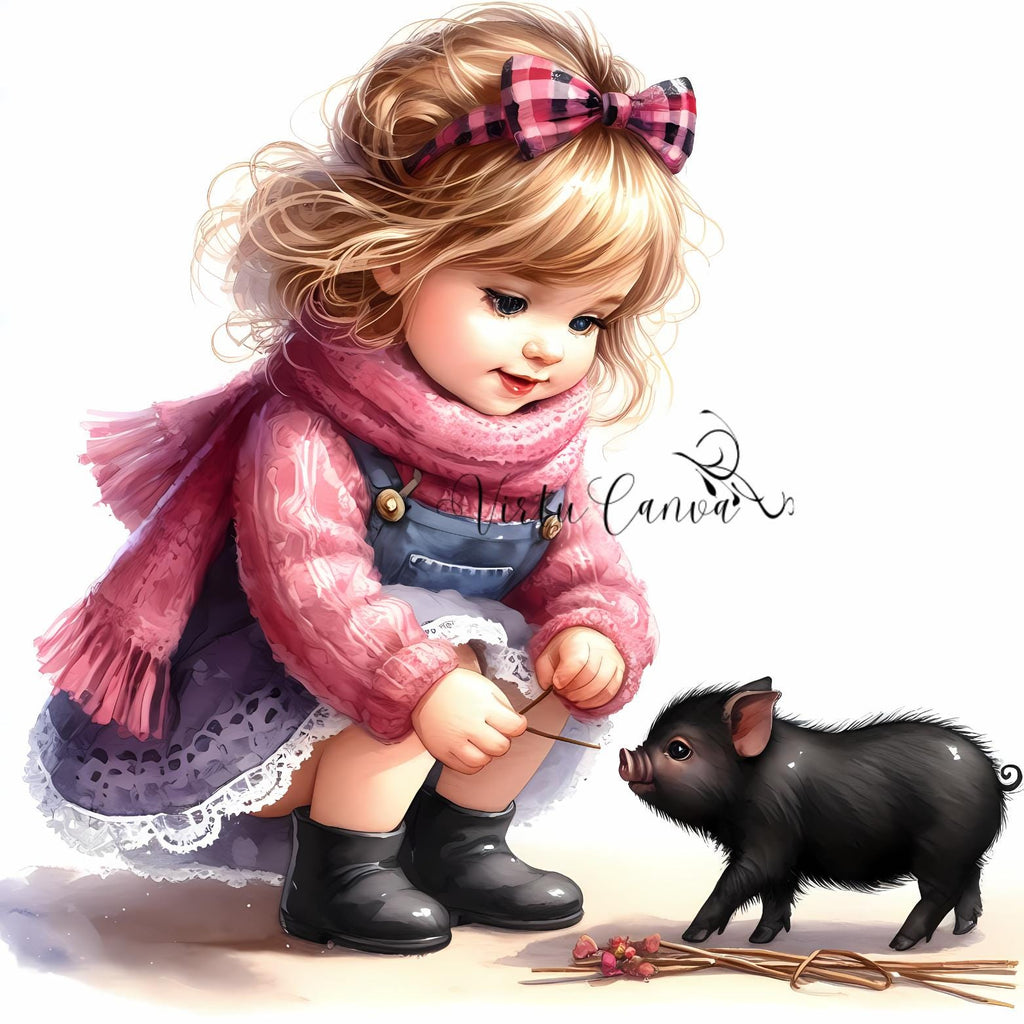 Watercolour Girl & Pig Clipart Bundle – 11 PNG Instant Download