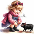 Watercolour Girl & Pig Clipart Bundle – 11 PNG Instant Download