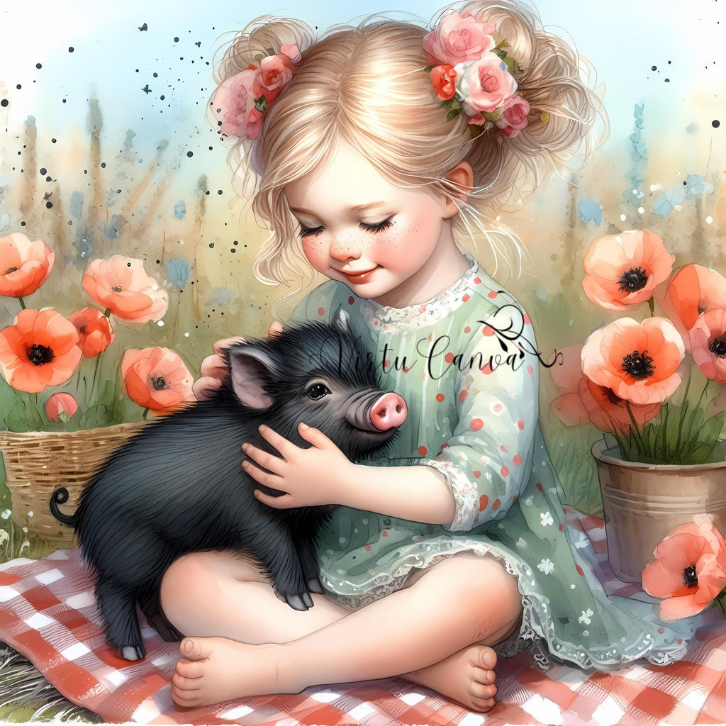 Watercolour Girl & Pig Clipart Bundle – 11 PNG Instant Download