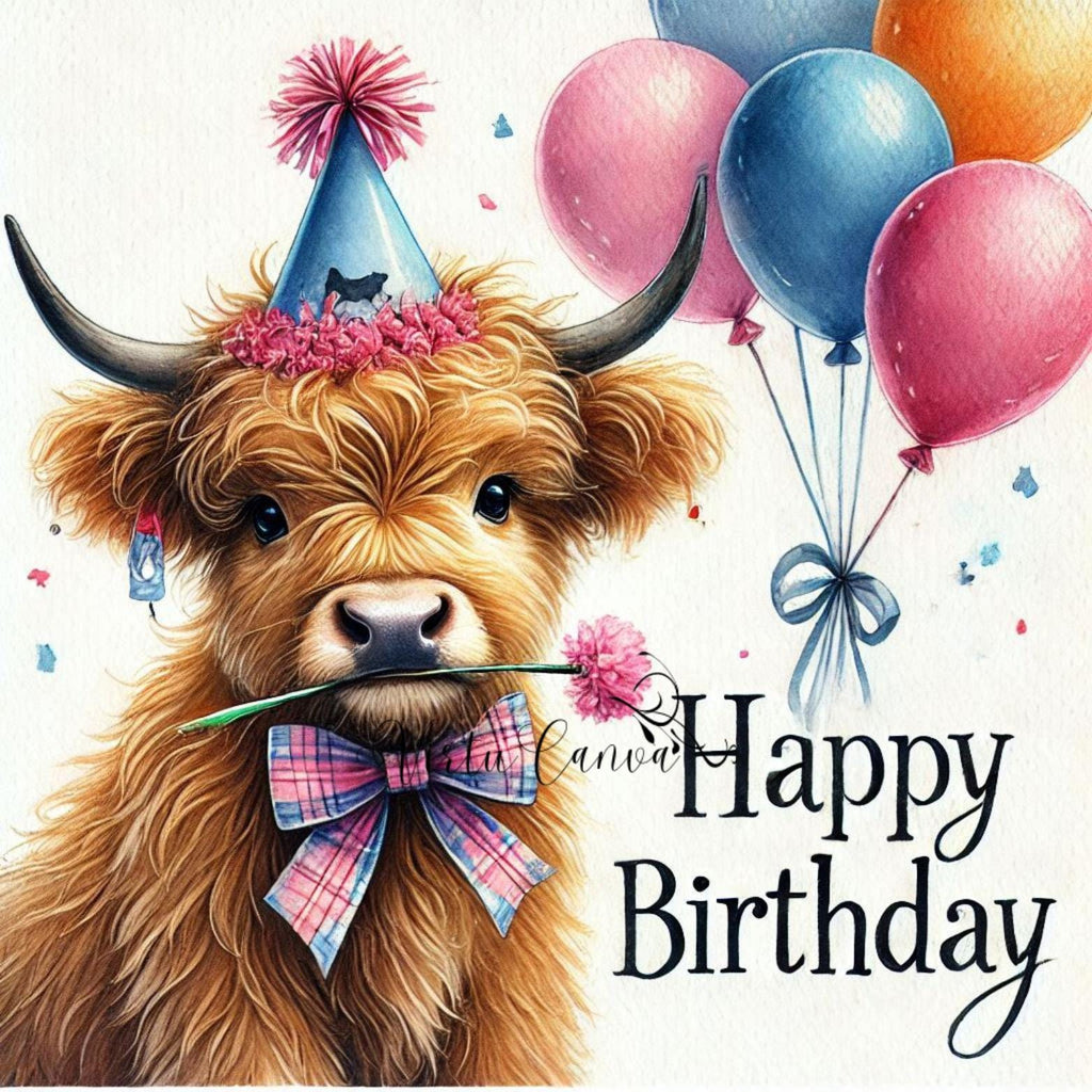 Highland Cow Birthday PNG Clipart, Watercolour Images (Digital Download)