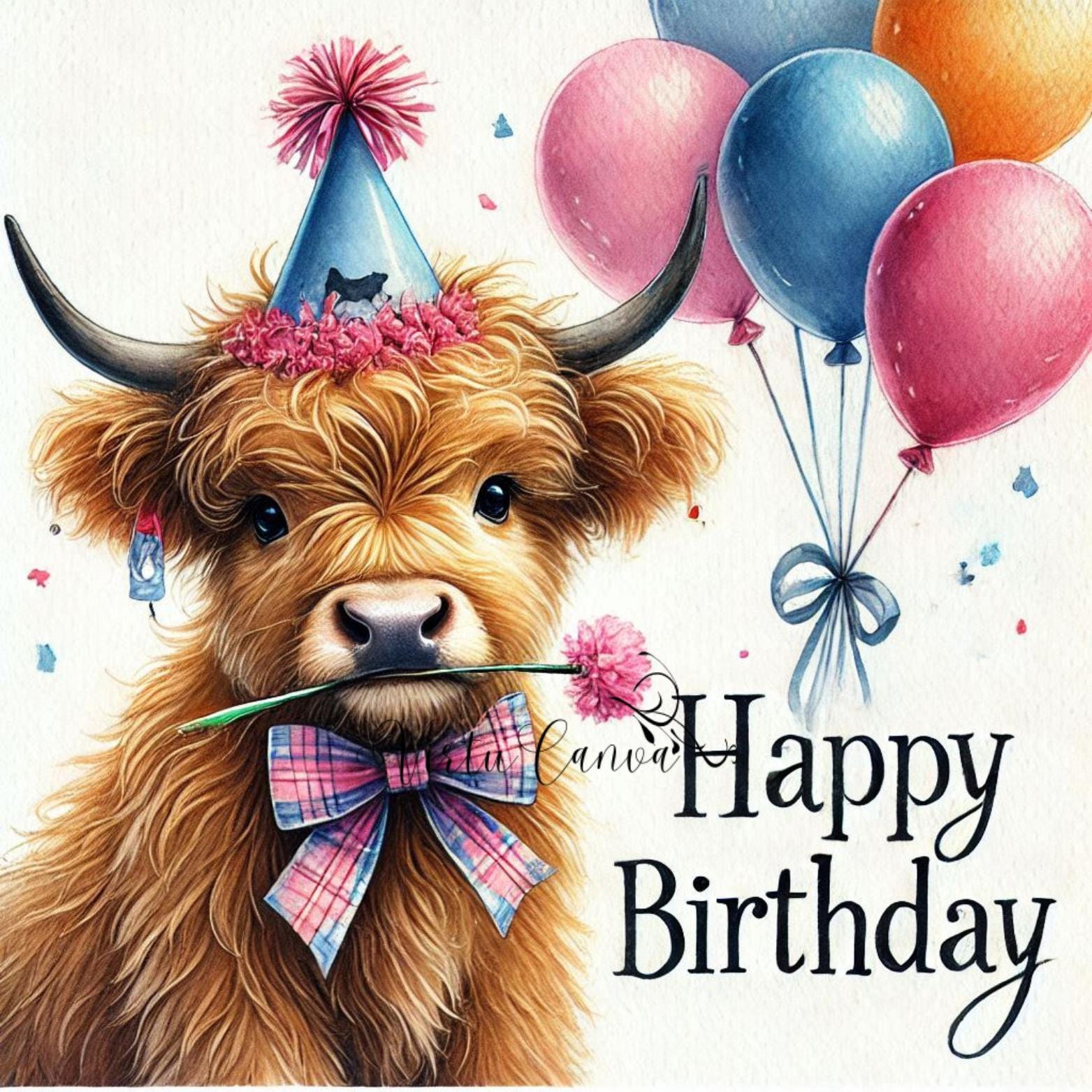 Highland Cow Birthday PNG Clipart, Watercolour Images (Digital Download)