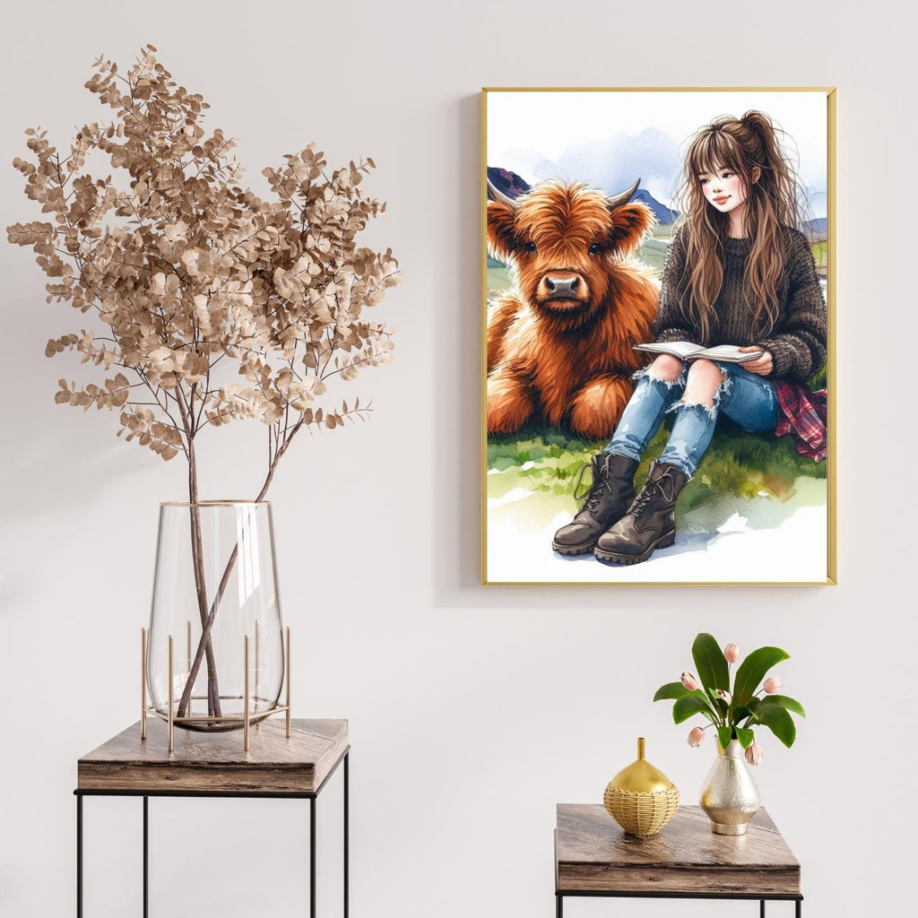 Highland Cow Watercolour Clipart – Girl & Cow | 13 PNG Instant Download