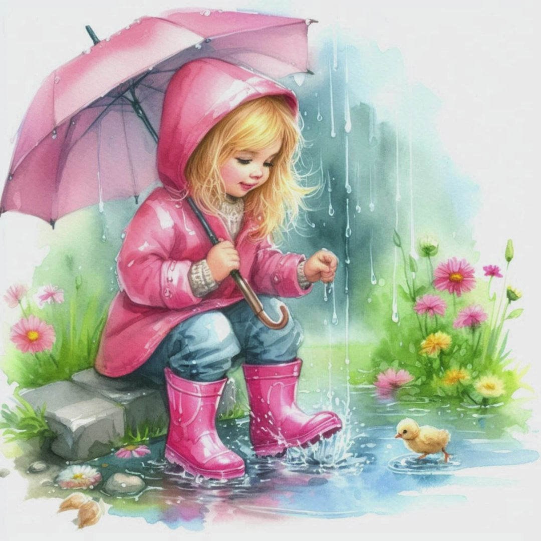 Watercolour Girl in Rain Clipart – Pink Umbrella & Gumboots | 10 PNG Instant Download