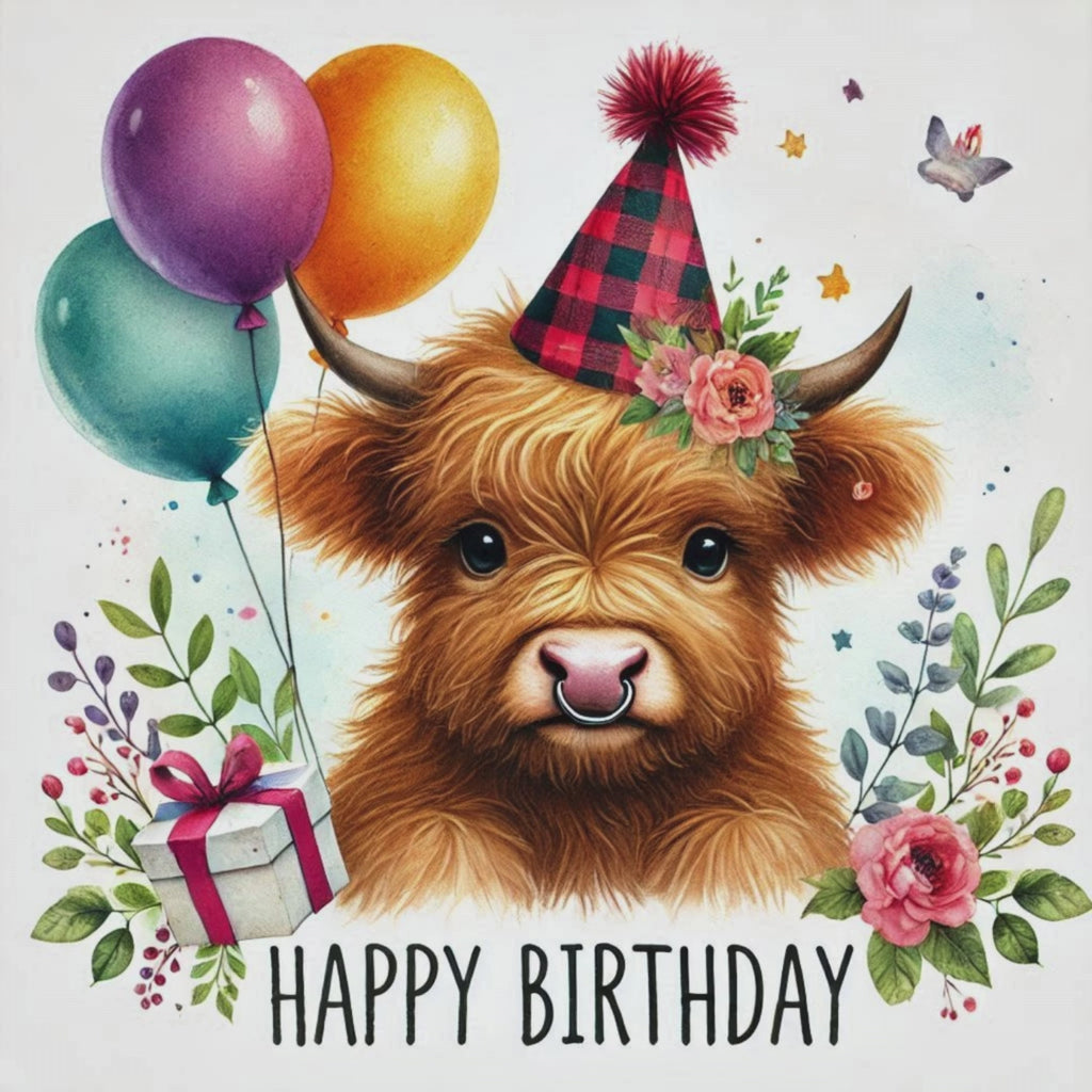 Highland Cow Birthday PNG Clipart, Watercolour Images (Digital Download)