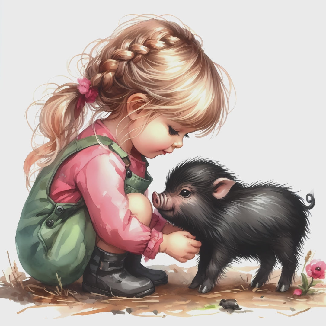 Watercolour Girl & Pig Clipart Bundle – 11 PNG Instant Download