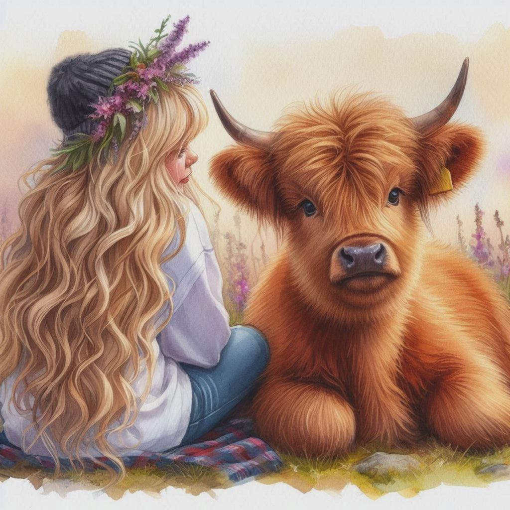 Highland Cow Watercolour Clipart – Girl & Cow | 13 PNG Instant Download